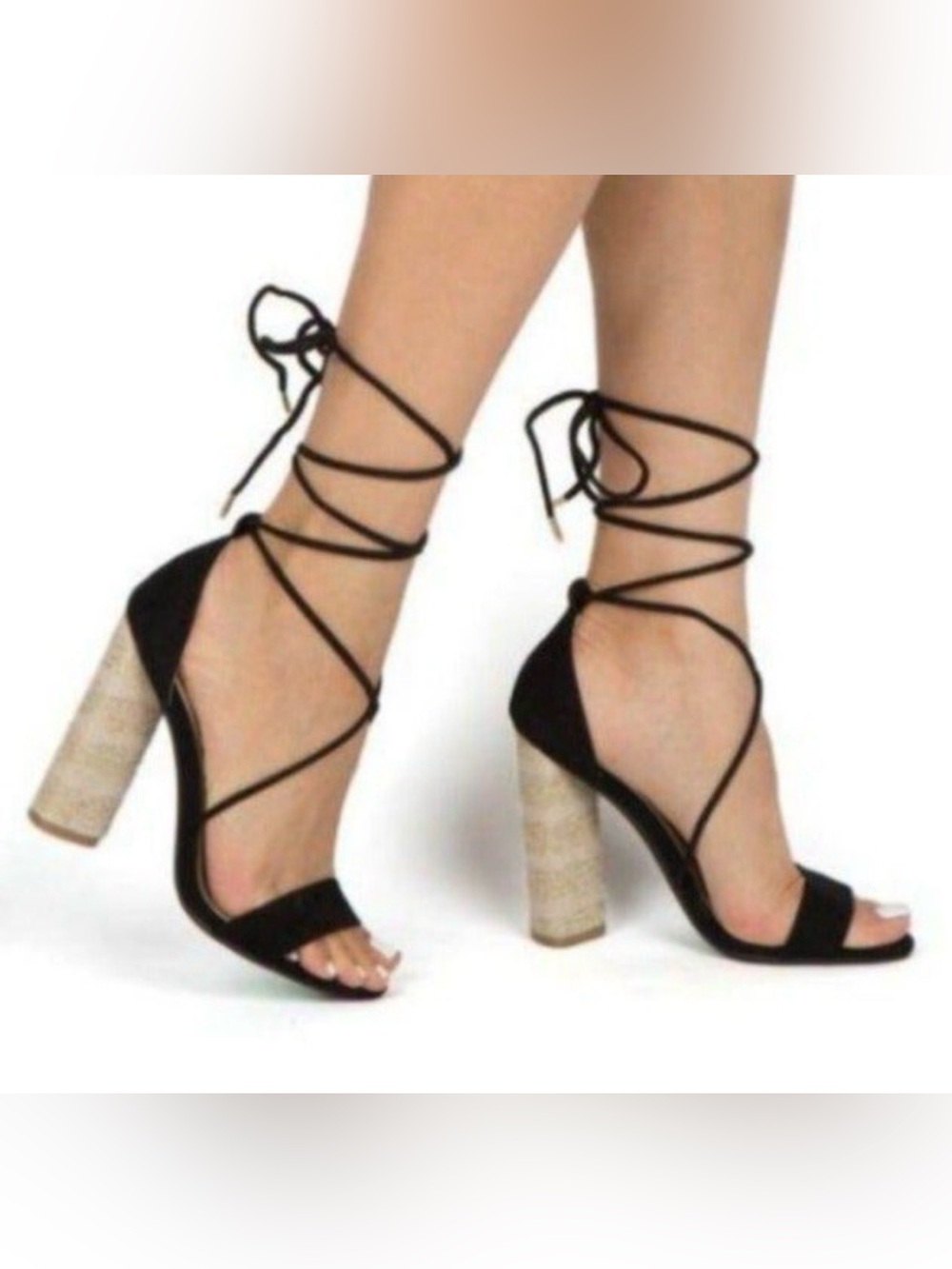 Lace-Up Black Block Heel Sandals